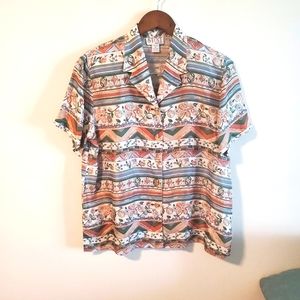 Stunt Petite 100% silk blouse floral striped coastal size petite large colorful